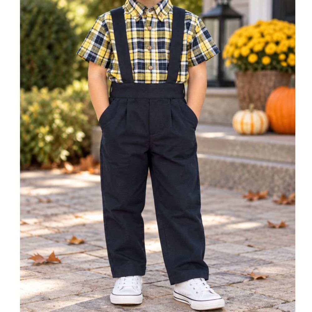 Vintage Boys 3T Navy Blue Suspender Pants Yellow Plaid Shirt 2 Piece Outfit #26